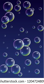 Soap bubbles with Rainbow Reflection. Set of Realistic Water or Soap Bubbles for Your Design. Shampoo or Foam Cosmetic Flyer and Invite. Bubble with Hologram Reflection. Isolated Vector Illustration.