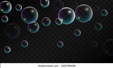 Soap bubbles with Rainbow Reflection. Set of Realistic Water or Soap Bubbles for Your Design. Shampoo or Foam Cosmetic Flyer and Invite. Bubble with Hologram Reflection. Isolated Vector Illustration.