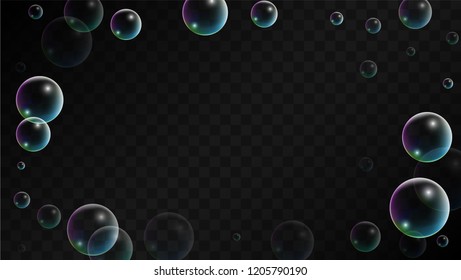 Soap bubbles with Rainbow Reflection. Set of Realistic Soap or Water Bubbles for Your Design. Shampoo or Foam Cosmetic Flyer and Invite. Bubble with Hologram Reflection. Isolated Vector Illustration.