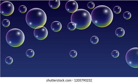 Soap bubbles with Rainbow Reflection. Set of Realistic Soap or Water Bubbles for Your Design. Shampoo or Foam Cosmetic Flyer and Invite. Bubble with Hologram Reflection. Isolated Vector Illustration.