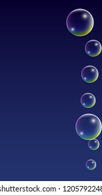 Soap bubbles with Rainbow Reflection. Set of Realistic Soap or Water Bubbles for Your Design. Shampoo or Foam Cosmetic Flyer and Invite. Bubble with Hologram Reflection. Isolated Vector Illustration.