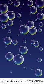 Soap bubbles with Rainbow Reflection. Set of Realistic Water or Soap Bubbles for Your Design. Shampoo or Foam Cosmetic Flyer and Invite. Bubble with Hologram Reflection. Isolated Vector Illustration.