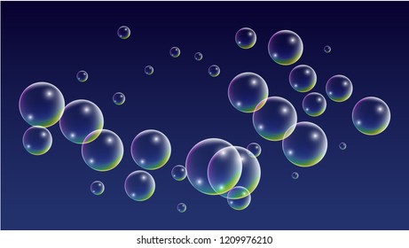 Soap bubbles with Rainbow Reflection. Set of Realistic Water or Soap Bubbles for Your Design. Shampoo or Foam Cosmetic Flyer and Invite. Bubble with Hologram Reflection. Isolated Vector Illustration.