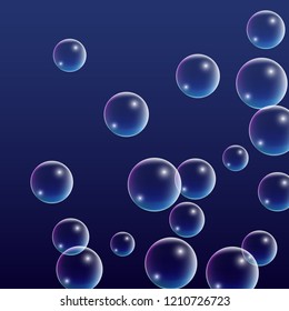 Soap Bubbles with Rainbow Reflection. Set of Realistic Water or Soap Bubbles for Your Design. Shampoo or Foam Cosmetic Flyer and Invite. Bubble with Hologram Reflection. Isolated Vector Illustration.
