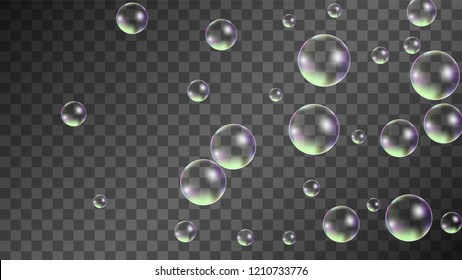 Soap bubbles with Rainbow Reflection. Set of Realistic Water or Soap Bubbles for Your Design. Shampoo or Foam Cosmetic Flyer and Invite. Bubble with Hologram Reflection. Isolated Vector Illustration.