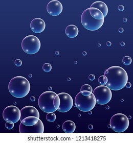 Soap bubbles with Rainbow Reflection. Set of Realistic Water or Soap Bubbles for Your Design. Shampoo or Foam Cosmetic Flyer and Invite. Bubble with Hologram Reflection. Isolated Vector Illustration.