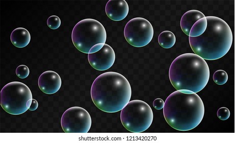 Soap bubbles with Rainbow Reflection. Set of Realistic Soap or Water Bubbles for Your Design. Shampoo or Foam Cosmetic Flyer and Invite. Bubble with Hologram Reflection. Isolated Vector Illustration.