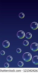 Soap bubbles with Rainbow Reflection. Set of Realistic Soap or Water Bubbles for Your Design. Shampoo or Foam Cosmetic Flyer and Invite. Bubble with Hologram Reflection. Isolated Vector Illustration.