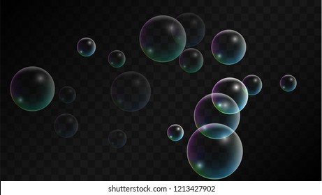 Soap bubbles with Rainbow Reflection. Set of Realistic Soap or Water Bubbles for Your Design. Shampoo or Foam Cosmetic Flyer and Invite. Bubble with Hologram Reflection. Isolated Vector Illustration.