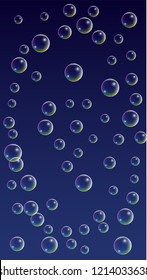 Soap bubbles with Rainbow Reflection. Set of Realistic Water or Soap Bubbles for Your Design. Shampoo or Foam Cosmetic Flyer and Invite. Bubble with Hologram Reflection. Isolated Vector Illustration.