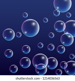 Soap bubbles with Rainbow Reflection. Set of Realistic Water or Soap Bubbles for Your Design. Shampoo or Foam Cosmetic Flyer and Invite. Bubble with Hologram Reflection. Isolated Vector Illustration.