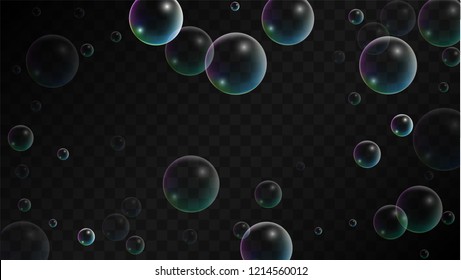 Soap bubbles with Rainbow Reflection. Set of Realistic Water or Soap Bubbles for Your Design. Shampoo or Foam Cosmetic Flyer and Invite. Bubble with Hologram Reflection. Isolated Vector Illustration.
