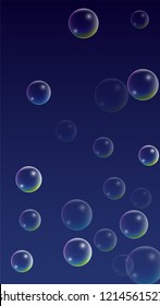 Soap bubbles with Rainbow Reflection. Set of Realistic Water or Soap Bubbles for Your Design. Shampoo or Foam Cosmetic Flyer and Invite. Bubble with Hologram Reflection. Isolated Vector Illustration.