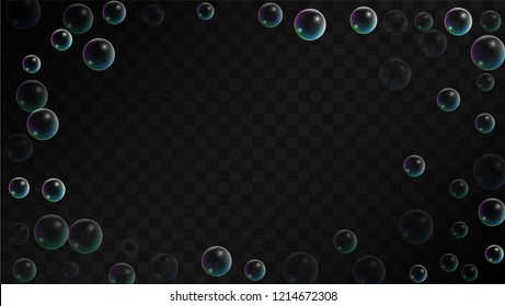 Soap bubbles with Rainbow Reflection. Set of Realistic Soap or Water Bubbles for Your Design. Shampoo or Foam Cosmetic Flyer and Invite. Bubble with Hologram Reflection. Isolated Vector Illustration.