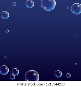 Soap Bubbles with Rainbow Reflection. Set of Realistic Water or Soap Bubbles for Your Design. Shampoo or Foam Cosmetic Flyer and Invite. Bubble with Hologram Reflection. Isolated Vector Illustration.