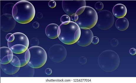 Soap bubbles with Rainbow Reflection. Set of Realistic Soap or Water Bubbles for Your Design. Shampoo or Foam Cosmetic Flyer and Invite. Bubble with Hologram Reflection. Isolated Vector Illustration.