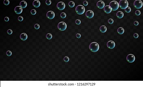 Soap bubbles with Rainbow Reflection. Set of Realistic Soap or Water Bubbles for Your Design. Shampoo or Foam Cosmetic Flyer and Invite. Bubble with Hologram Reflection. Isolated Vector Illustration.