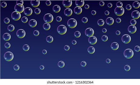 Soap bubbles with Rainbow Reflection. Set of Realistic Soap or Water Bubbles for Your Design. Shampoo or Foam Cosmetic Flyer and Invite. Bubble with Hologram Reflection. Isolated Vector Illustration.