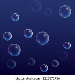 Soap bubbles with Rainbow Reflection. Set of Realistic Water or Soap Bubbles for Your Design. Shampoo or Foam Cosmetic Flyer and Invite. Bubble with Hologram Reflection. Isolated Vector Illustration.