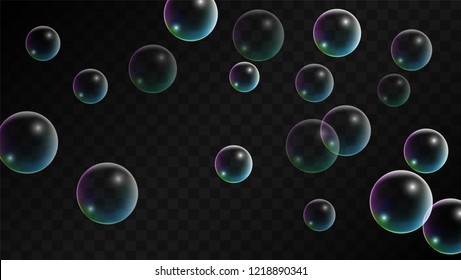 Soap bubbles with Rainbow Reflection. Set of Realistic Water or Soap Bubbles for Your Design. Shampoo or Foam Cosmetic Flyer and Invite. Bubble with Hologram Reflection. Isolated Vector Illustration.