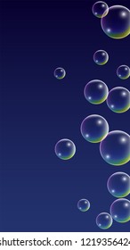 Soap bubbles with Rainbow Reflection. Set of Realistic Water or Soap Bubbles for Your Design. Shampoo or Foam Cosmetic Flyer and Invite. Bubble with Hologram Reflection. Isolated Vector Illustration.