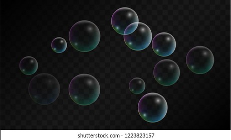 Soap bubbles with Rainbow Reflection. Set of Realistic Soap or Water Bubbles for Your Design. Shampoo or Foam Cosmetic Flyer and Invite. Bubble with Hologram Reflection. Isolated Vector Illustration.