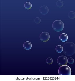 Soap bubbles with Rainbow Reflection. Set of Realistic Water or Soap Bubbles for Your Design. Shampoo or Foam Cosmetic Flyer and Invite. Bubble with Hologram Reflection. Isolated Vector Illustration.