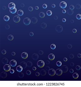 Soap bubbles with Rainbow Reflection. Set of Realistic Water or Soap Bubbles for Your Design. Shampoo or Foam Cosmetic Flyer and Invite. Bubble with Hologram Reflection. Isolated Vector Illustration.