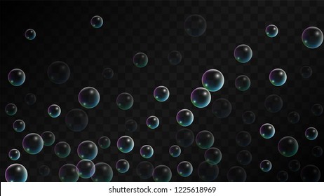 Soap bubbles with Rainbow Reflection. Set of Realistic Soap or Water Bubbles for Your Design. Shampoo or Foam Cosmetic Flyer and Invite. Bubble with Hologram Reflection. Isolated Vector Illustration.