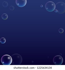 Soap bubbles with Rainbow Reflection. Set of Realistic Water or Soap Bubbles for Your Design. Shampoo or Foam Cosmetic Flyer and Invite. Bubble with Hologram Reflection. Isolated Vector Illustration.