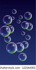 Soap bubbles with Rainbow Reflection. Set of Realistic Water or Soap Bubbles for Your Design. Shampoo or Foam Cosmetic Flyer and Invite. Bubble with Hologram Reflection. Isolated Vector Illustration.