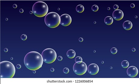 Soap bubbles with Rainbow Reflection. Set of Realistic Water or Soap Bubbles for Your Design. Shampoo or Foam Cosmetic Flyer and Invite. Bubble with Hologram Reflection. Isolated Vector Illustration.