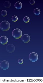 Soap Bubbles with Rainbow Reflection. Set of Realistic Water or Soap Bubbles for Your Design. Shampoo or Foam Cosmetic Flyer and Invite. Bubble with Hologram Reflection. Isolated Vector Illustration.