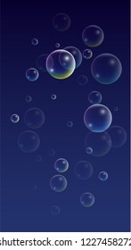 Soap Bubbles with Rainbow Reflection. Set of Realistic Water or Soap Bubbles for Your Design. Shampoo or Foam Cosmetic Flyer and Invite. Bubble with Hologram Reflection. Isolated Vector Illustration.