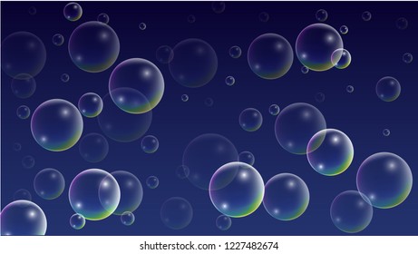 Soap bubbles with Rainbow Reflection. Set of Realistic Soap or Water Bubbles for Your Design. Shampoo or Foam Cosmetic Flyer and Invite. Bubble with Hologram Reflection. Isolated Vector Illustration.