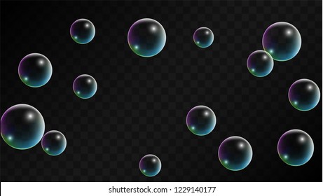 Soap bubbles with Rainbow Reflection. Set of Realistic Water or Soap Bubbles for Your Design. Shampoo or Foam Cosmetic Flyer and Invite. Bubble with Hologram Reflection. Isolated Vector Illustration.