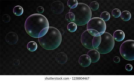 Soap bubbles with Rainbow Reflection. Set of Realistic Water or Soap Bubbles for Your Design. Shampoo or Foam Cosmetic Flyer and Invite. Bubble with Hologram Reflection. Isolated Vector Illustration.