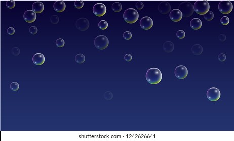Soap bubbles with Rainbow Reflection. Set of Realistic Water or Soap Bubbles for Your Design. Shampoo or Foam Cosmetic Flyer and Invite. Bubble with Hologram Reflection. Isolated Vector Illustration.