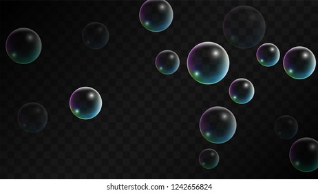Soap bubbles with Rainbow Reflection. Set of Realistic Soap or Water Bubbles for Your Design. Shampoo or Foam Cosmetic Flyer and Invite. Bubble with Hologram Reflection. Isolated Vector Illustration.