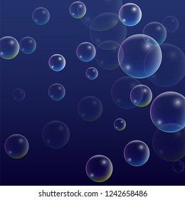 Soap bubbles with Rainbow Reflection. Set of Realistic Water or Soap Bubbles for Your Design. Shampoo or Foam Cosmetic Flyer and Invite. Bubble with Hologram Reflection. Isolated Vector Illustration.