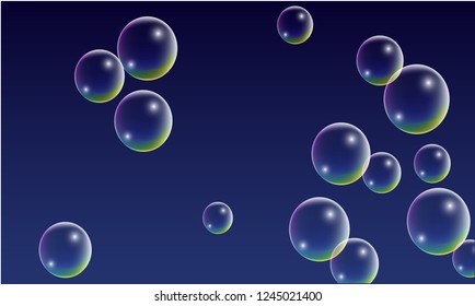Soap bubbles with Rainbow Reflection. Set of Realistic Soap or Water Bubbles for Your Design. Shampoo or Foam Cosmetic Flyer and Invite. Bubble with Hologram Reflection. Isolated Vector Illustration.
