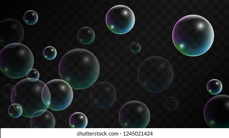 Soap bubbles with Rainbow Reflection. Set of Realistic Water or Soap Bubbles for Your Design. Shampoo or Foam Cosmetic Flyer and Invite. Bubble with Hologram Reflection. Isolated Vector Illustration.