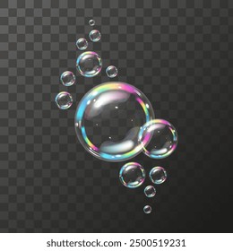 Soap bubbles. Rainbow reflection transparent realistic soap bubbles. Vector illustration.