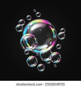 Soap bubbles. Rainbow reflection transparent realistic soap bubbles. Vector illustration.