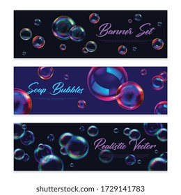 Soap bubbles realistic horizontal banners set isolated vector illustration