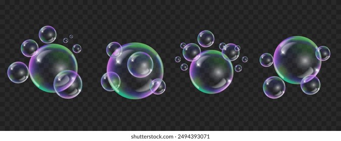 Soap bubbles realistic set isolated .Flying colorful bubble on black transparent background.