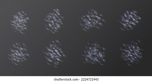 Soap bubbles, realistic sparkling shampoo cloud, bath lather texture, liquid laundry detergent effect isolated on a dark background. Vector illustration.