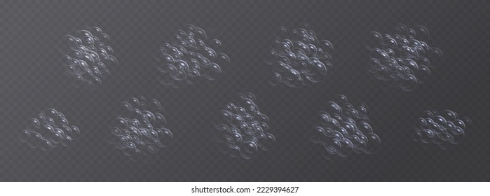 Soap bubbles, realistic sparkling shampoo cloud, bath lather texture, liquid laundry detergent effect isolated on a dark background. Vector illustration.