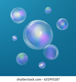 Soap bubbles. Realistic transparent soap bubbles. Soap bubbles 3D. Rainbow reflection. Vector Soap bubbles