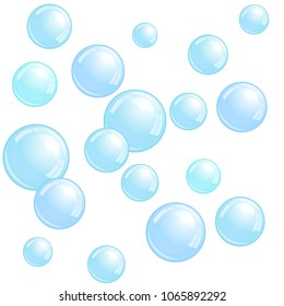 Soap bubbles, realistic water beads, blue blobs, vector foam sphere illustration